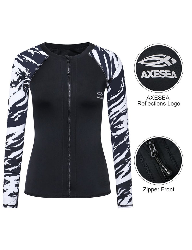 AXESEA قمصان سباحة طويلة الأكمام للنساء من AXESEA مزينة بطباعة بسحاب أمامي واقي من الشمس UV للركمجة، أسود2، مقاس أمريكي 10 - Image 4